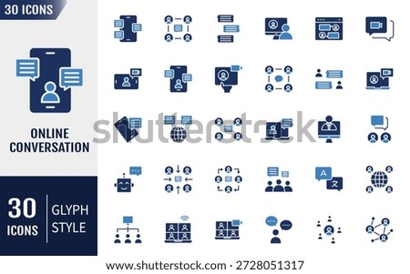 Online Conversation icon set. Chatting, discussion, conversation, dialogue, forum, group, and more. Solid Icon Collection. Vector illustration