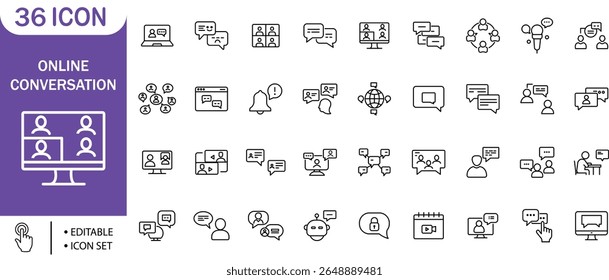 Online Conversation Icon Set, Communication, Chat, Video, Meeting, Talk, Network