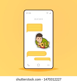 Online Conversation Mobile Chat App Sending Receiving Messages With Lol Sticker Application Communication Social Media Concept Smartphone Screen Flat