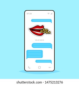 online conversation mobile chat app sending receiving messages with bla bla bla sticker messenger application communication social media concept smartphone screen flat