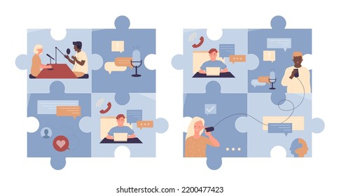 Online conversation set vector illustration. Cartoon tiny people talk on studio broadcast interview, send digital messages via laptop and phone, speech bubble dialogue in puzzle collage background