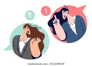 Online conversation of two women in conversation bubbles sharing gossip and discussing latest news. Girl tells virginal information or facts from life to shocked friend who opens mouth in delight