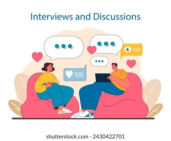 Online Conversations concept. Two people engage in a digital interview and discussion, sharing ideas and reactions. The essence of social media communication. Flat vector illustration.