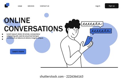 Online conversations and man chatting on mobile vector illustration concept. Network communication and video conference call. Social dialog and virtual talking on smartphone. Character and phone 