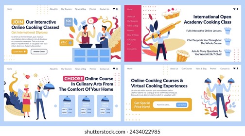 Publicidad de clase de cocina en línea en el conjunto de banners web. Colección de la página de aterrizaje con el personaje de la mujer del hombre pequeño, ilustración vectorial. Promoción de cursos culinarios por Internet a precio especial