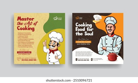 aula de culinária on-line e chef que contrata postagem de mídia social, banner, anúncios ou modelo de panfleto quadrado com design de cartaz de ilustração de personagem chef