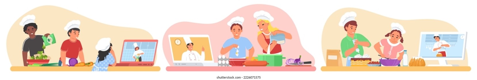 Online cooking class for children scene vector set. Kids preparing food watching master chef blogger education channel illustration isolated on white background