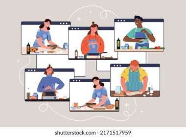 Online cooking class concept. Men and women in digital windows listen to course and cook delicious meals online. Remote lessons or lectures. E learning and education. Cartoon flat vector illustration