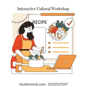 Online cooking class illustration. Woman prepares a meal by following a recipe on her laptop during an interactive cultural workshop. Vector illustration.