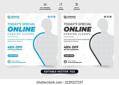 Online cooking class social media post vector with blue and dark colors. Special cooking class promotional web banner design. Culinary training center advertisement poster vector for marketing.