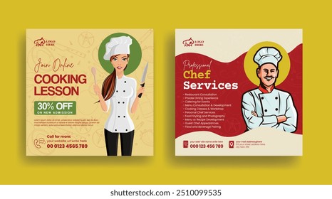 online cooking class social media post banner and web banner template chef flat illustration