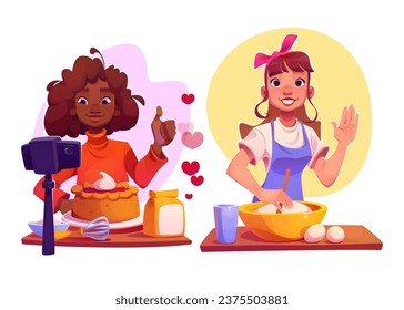 Clases de cocina en línea - conjunto de ilustraciones vectoriales de dibujos animados de dos jóvenes mujeres preparan pasteles y los graban en video para el blog de comida. Las niñas enseñan el tutorial de hacer masa y hornear pasteles.