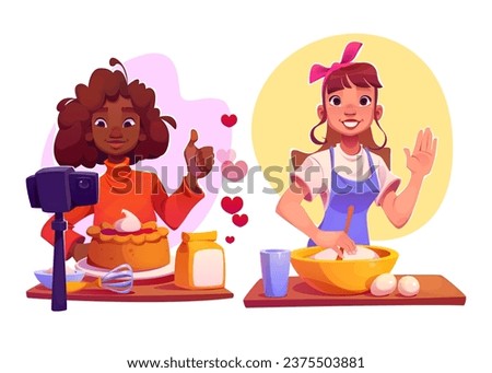 Online cooking classes - cartoon vector illustration set of two young women prepare pastries and record them on video for food blog. Girls demonstrate tutorial of making dough and baking cake.