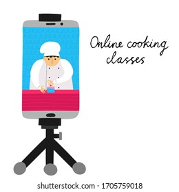 Online cooking classes concept. Mobile phone in tripod. Funny caucasian chef put a cherry on top of the cake. Hand drawn cook. Preparing food in live stream. Stock vector illustration.