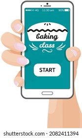 Online cooking classes concept. Start baking class mobile application on smartphone screen. Female hand holding phone with app learning platform for confectioners and bakers, cooking lessons