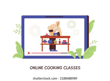 Online cooking classes concept, video of professional chef cooking - flat vector illustration on white background. Online culinary school and remote education. Tablet with workshop or webinar.