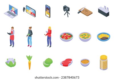 Online cooking classes icons set isometric vector. Tablet cook. Class virtual recipe