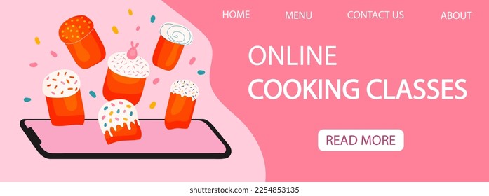 Online cooking classes landing page template with Easter cakes. Decorated Easter bread flying above smartphone. Hand drawn vector illustration