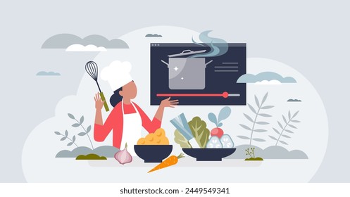 Online cooking classes for meal preparation learning tiny person concept. Kitchen chef broadcasting and video streaming process of preparing food vector illustration. Culinary recipe explanation.