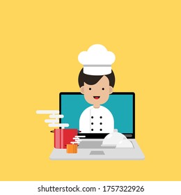 Online cooking concept. Chef on the screen of the computer or laptop with red and orange hot pot with smoke and food on a yellow background.