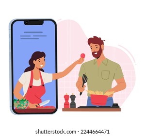 Online Cooking Concept. Male Character Use Internet for Preparing Food. Man Watch Video Tutorial with Woman Show Recipe of Tasty Meal on Kitchen. Cartoon People Vector Illustration