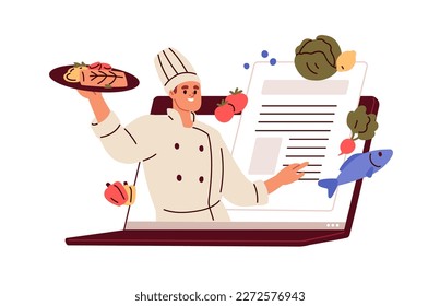 Online cooking course, internet recipe. Virtual digital culinary school concept. Internet restaurant business with chef peeking out of screen. Flat vector illustration isolated on white background