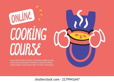 Online cooking course, Magazine page, flyer, cover. Template. Hands holding a hot cake in oven mitts. Cooking, apron, kitchen. Vector flat doodle style.