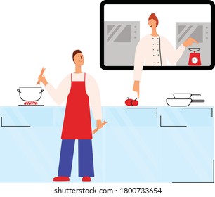 Online cooking course. Man cooking pasta with chef woman. Culinary video broadcast, channel or blog with cooking online class. Vector stock flat illustration isolated on white background. 