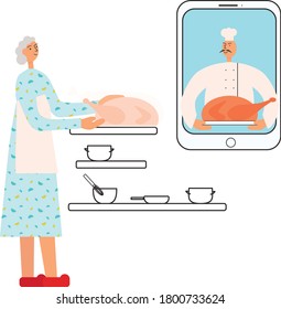 Online cooking course. Old woman cooking turkey for Thanksgiving or Christmas day. Vector stock flat illustration for online cooking school isolated on white background.