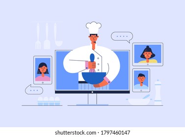 Online cooking course. Video recipes with chef on monitor. Food blogger teaches via internet. Culinary school concept. Video tutorial. Life stream with cook. 