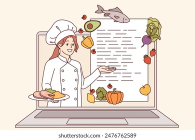 Curso de cocina en línea de chef mujer mirando fuera de la pantalla de la computadora portátil y recomendando la receta. El webinar culinario es conducido por cocinero profesional, hablando sobre ingredientes y métodos de cocinar platos