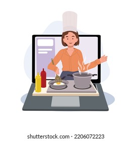 Concepto de cursos de cocina en línea, servicio de clases culinarias. Maestro de chef preparando comida en la cocina. Aplicación móvil de escuela de Internet. Ilustración del vector