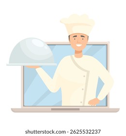 Online cooking courses or recipes concept with chef coming out of laptop screen holding cloche platter