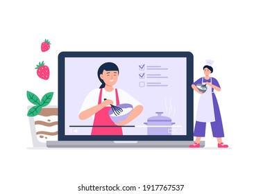 Online cooking learning concept. Course from professionals, bloggers, chefs. Online education, e-learning, studying at home. Vector flat illustration.