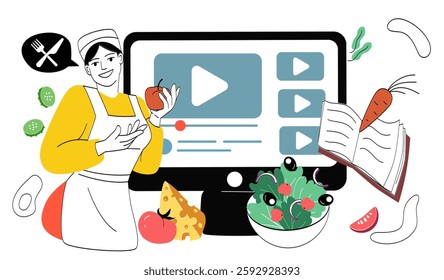 Online cooking lesson. Woman in apron with ingredients. Young girl preparing salad. Remote education and training. Blogger streaming educational content. Linear vector illustration