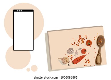 Online cooking lessons banner. Learning to cook online. Cutting board, ingredients for making vegetarian soup, phone with place for recipes. Flat illustration. Space for text.