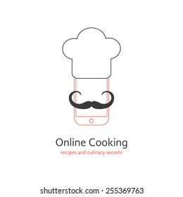 online cooking logotype with moustache of chef. concept of culinary secrets and website prescriptions. isolated on white background. flat style trendy modern branding design vector illustration