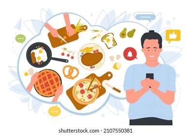 Online cooking master class from chef vector illustration. Cartoon man looking on phone screen in search of video culinary recipe how to cook pizza, steak or baking pie at home. Food blog concept