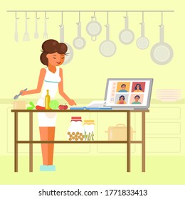 Online Cooking Masterclass, Vector Flat Illustration. Young Woman Chef Preparing Food In Kitchen In Front Of Laptop Computer Audience. Online Culinary School, Distance Learning Courses In Cookery.