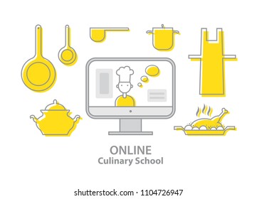 Online Cooking school. Bucket, apron, tureen, dish with duck, pan, pan. Chef teaches cooking on the screen in the online cooking school. Distance learning, master classes, workshops, webinar