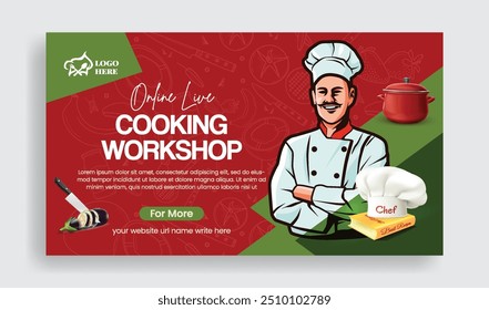 escuela de cocina en línea centro de formación de chef Anuncio Horizontal y restaurante Sitio web de comida Anuncio Plantilla con chef ilustración plana