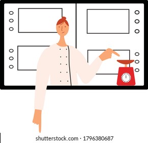 Online cooking school. Cook, chef does cooking class on screen. Vector stock illustration isolated on white background.
