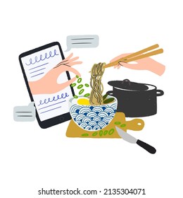 Online cooking school or culinary class concept with hand drawn illustration of ramen soup, chopsticks with noodles, saucepan, cutting board, hand thru out cell phone seasoning food with green onion