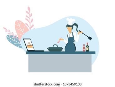 Online cooking school. Culinary master class. The chef teaches the student to cook minestrone soup. Cooking soup at home. Vector illustration.