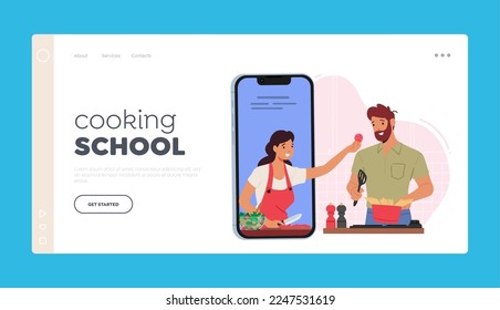 Online Cooking School Landing Page Template. Male Character Use Internet for Preparing Food. Man Watch Video Tutorial with Woman Show Tasty Meal Recipe on Kitchen. Cartoon People Vector Illustration