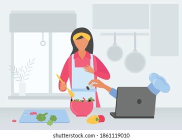 Online cooking school. A woman prepares and looks at an online recipe, the chef teaches how to cook a new recipe. Online training, distance learning, webinars. Flat vector.