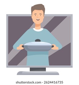 Online cooking show concept with smiling man holding frying pan appearing from computer screen