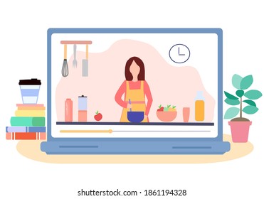 Online cooking training on a laptop, a vector graphics