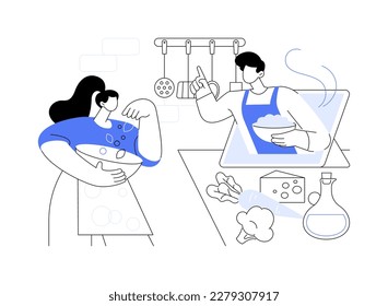 Ilustración vectorial de concepto abstracto de la cocina en línea. Clase de preparación de comida, curso de video culinario, chef casero, blogger de comida, influenciador de medios sociales, metáfora abstracta de entrenamiento de cocina.