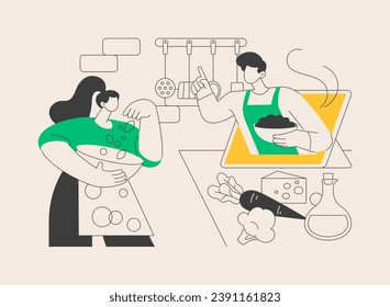 Ilustración vectorial de concepto abstracto de la cocina en línea. Clase de preparación de comida, curso de video culinario, chef casero, blogger de comida, influenciador de medios sociales, metáfora abstracta de entrenamiento de cocina.